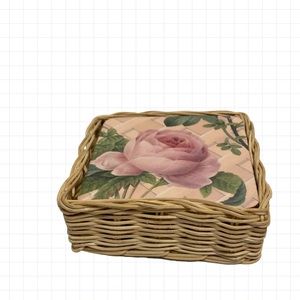 Pretty Set of 6 Wooden Pink Rose Design Coasters! Complimentary Basket Caddy!
